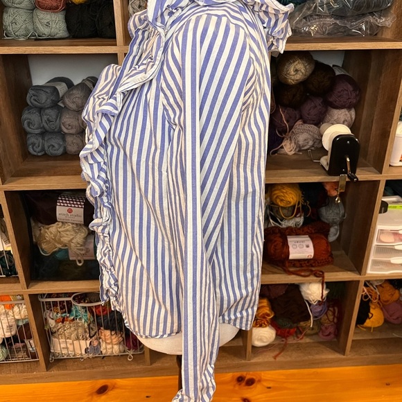 Madewell Striped Ruffle Blouse Spectra Blue Cottagecore Fairy Coquette Sz M - Picture 3 of 9